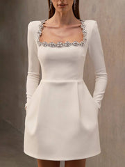 Inrosy robe courte trapèze en velours col carré manches longues poches femme doux élégant de cocktail anniversaire