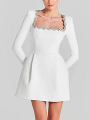 Inrosy robe courte trapèze en velours col carré manches longues poches femme doux élégant de cocktail anniversaire
