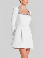 Inrosy robe courte trapèze en velours col carré manches longues poches femme doux élégant de cocktail anniversaire