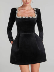 Inrosy robe courte trapèze en velours col carré manches longues poches femme doux élégant de cocktail anniversaire
