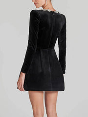 Inrosy robe courte trapèze en velours col carré manches longues poches femme doux élégant de cocktail anniversaire