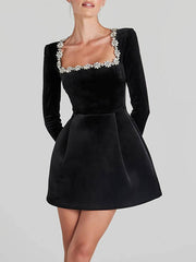Inrosy robe courte trapèze en velours col carré manches longues poches femme doux élégant de cocktail anniversaire