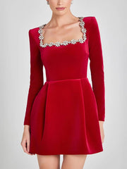 Inrosy robe courte trapèze en velours col carré manches longues poches femme doux élégant de cocktail anniversaire