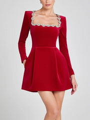 Inrosy robe courte trapèze en velours col carré manches longues poches femme doux élégant de cocktail anniversaire