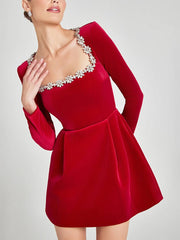 Inrosy robe courte trapèze en velours col carré manches longues poches femme doux élégant de cocktail anniversaire