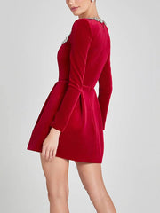 Inrosy robe courte trapèze en velours col carré manches longues poches femme doux élégant de cocktail anniversaire