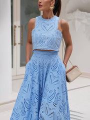 Inrosy robe broderie anglaise poches sans manches hauts trapèze fluide jupe femme élégant décontracté ensemble