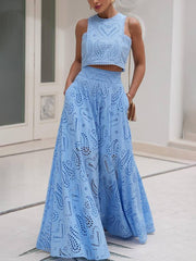 Inrosy robe broderie anglaise poches sans manches hauts trapèze fluide jupe femme élégant décontracté ensemble