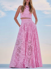 Inrosy robe broderie anglaise poches sans manches hauts trapèze fluide jupe femme élégant décontracté ensemble
