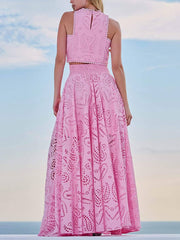 Inrosy robe broderie anglaise poches sans manches hauts trapèze fluide jupe femme élégant décontracté ensemble