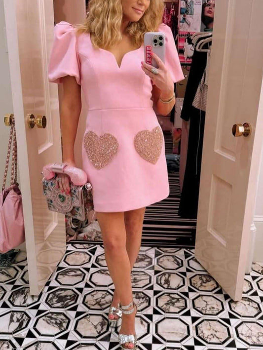 Inrosy mini robe trapèze brillante paillette coeur v-cou manches bouffantes manches courtes femme doux élégant fete anniversaire