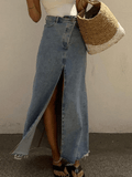 Inrosy longue jupe en jean irrégulière jean fendu frange boutons poches fermeture éclair femme vintage