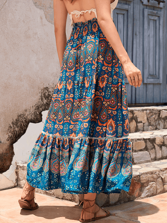 Inrosy mi-longue jupe wax tribal coton noeud papillon coulisse taille femme ethnique bohème décontracté