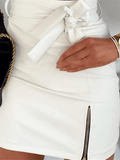 Inrosy jupe en simili cuir moulante fendu le côté noeud papillon ceinture fermeture éclair femme élégant mode