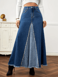 Inrosy longue jupe en jean fluide frange boutons poches femme mode décontracté