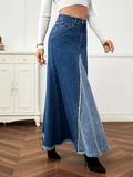 Inrosy longue jupe en jean fluide frange boutons poches femme mode décontracté