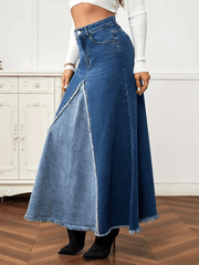 Inrosy longue jupe en jean fluide frange boutons poches femme mode décontracté