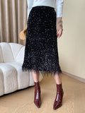 Inrosy mi-longue jupe droit brillante paillette frange plume femme casual élégant mode