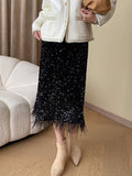 Inrosy mi-longue jupe droit brillante paillette frange plume femme casual élégant mode