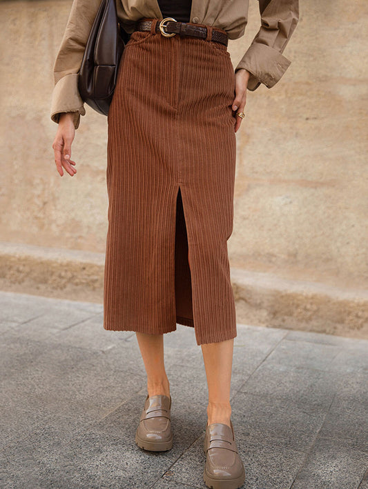 Inrosy mi-longue jupe cafe marron droit velours cotelé fendu femme casual élégant décontracté vintage