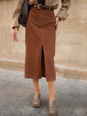 Inrosy mi-longue jupe cafe marron droit velours cotelé fendu femme casual élégant décontracté vintage
