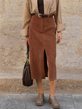 Inrosy mi-longue jupe cafe marron droit velours cotelé fendu femme casual élégant décontracté vintage