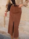 Inrosy mi-longue jupe cafe marron droit velours cotelé fendu femme casual élégant décontracté vintage