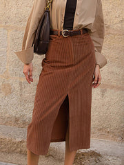 Inrosy mi-longue jupe cafe marron droit velours cotelé fendu femme casual élégant décontracté vintage