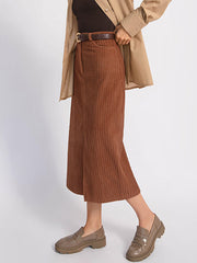 Inrosy mi-longue jupe cafe marron droit velours cotelé fendu femme casual élégant décontracté vintage