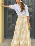 Inrosy longue jupe géométrique imprimé à fleurie à volantée femme élégant vintage décontracté mode lâche