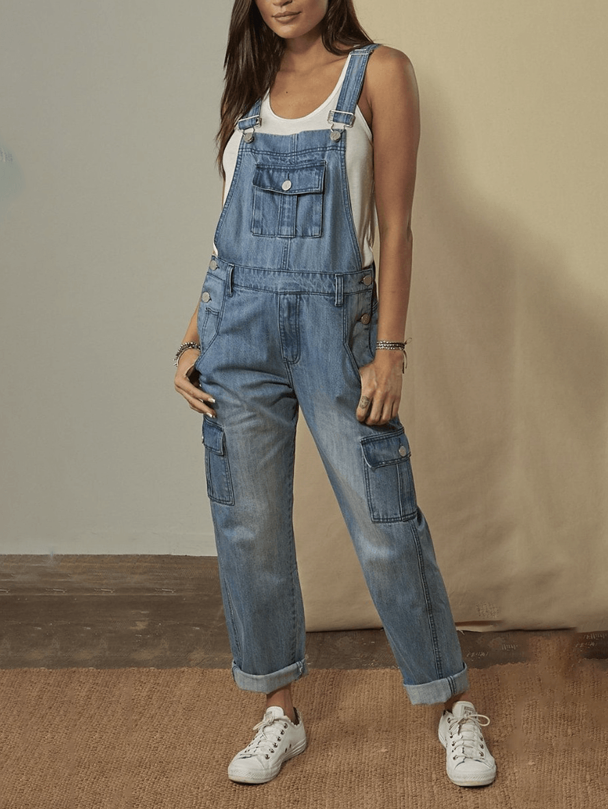 Inrosy salopette en jean droit boutons poches décolleté dos bretelle femme casual style boyfriend décontracté combinaison