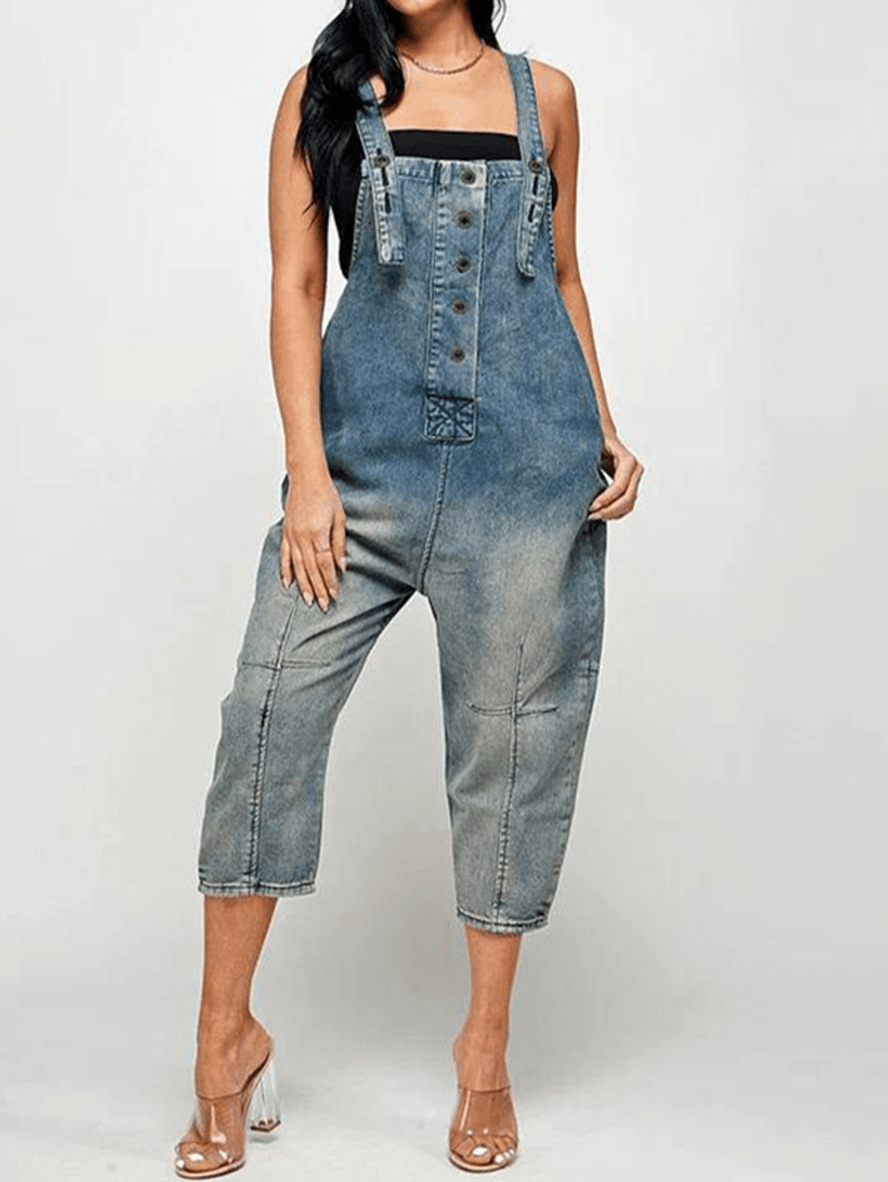 Inrosy salopette en jean larges jambes évasé boutonnage poches sans manches femme mode décontracté