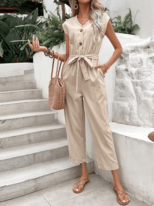 Inrosy combinaisons une pièce droit noeud papillon boutons poches ceinture v-cou sans manches femme casual décontracté