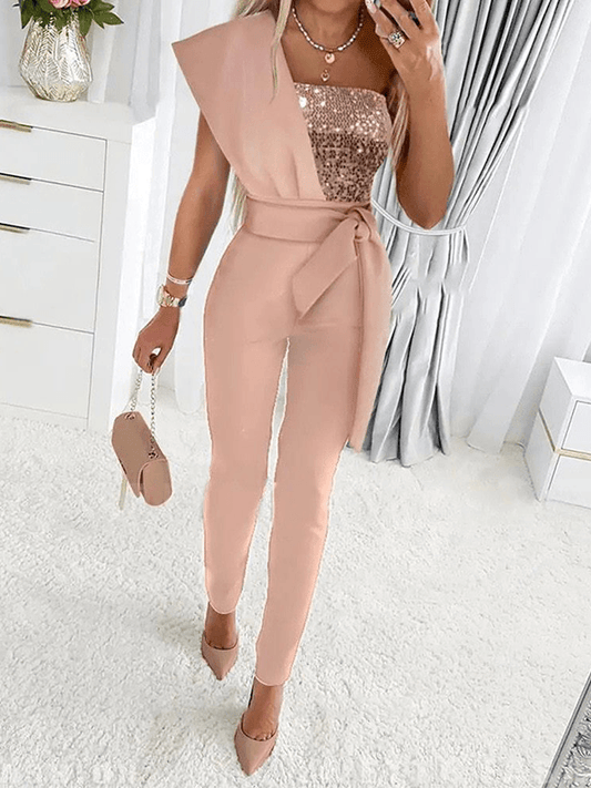 Inrosy combinaisons slim fitness noeud papillon ceinture brillante paillette bustier sans manches femme mode