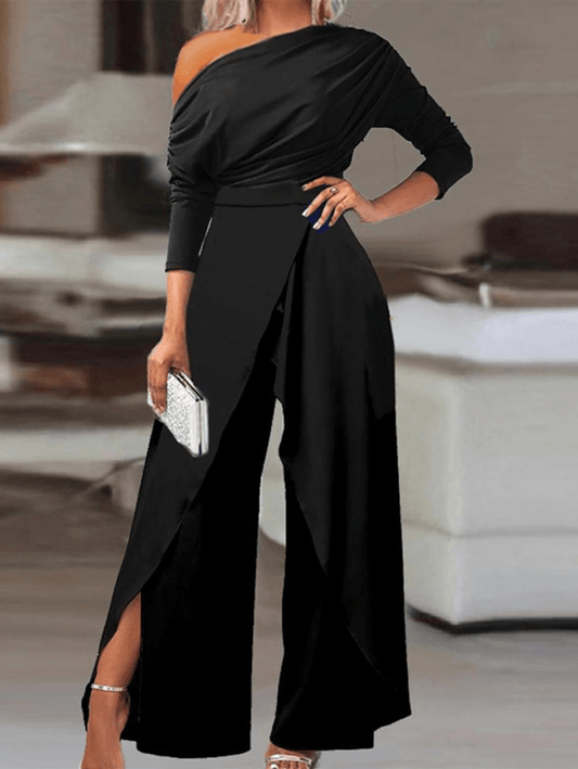 Inrosy combinaisons une pièce larges jambes évasé fendu dos nu une épaule manches longues femme élégant mode