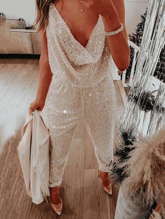 Inrosy combinaisons une pièce brillante paillette décolleté dos dos nu à fines brides licou sans manches femme élégant mode noël