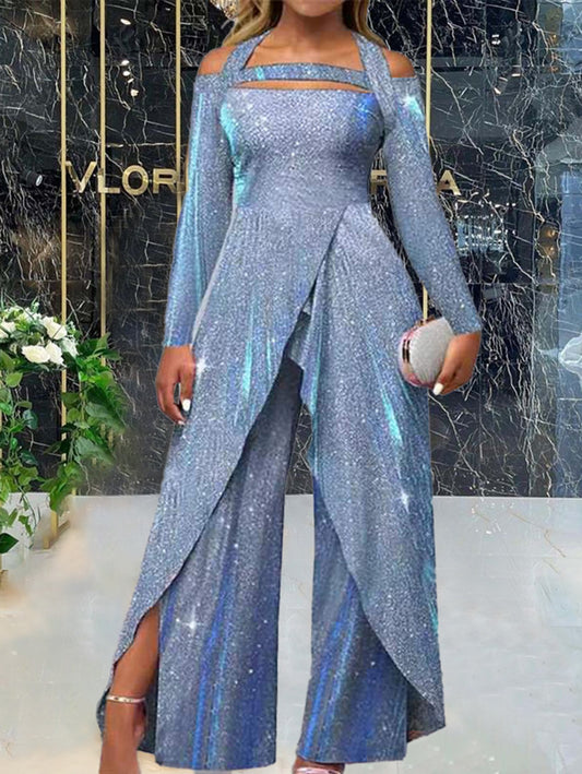 Inrosy combinaisons découpes irrégulière flare évasé satin fendu brillante paillette manches longues femme élégant mode