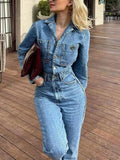 Inrosy combinaison femme pompiste droit en jean col revers v cou boutonnage poches femme style boyfriend mode bas