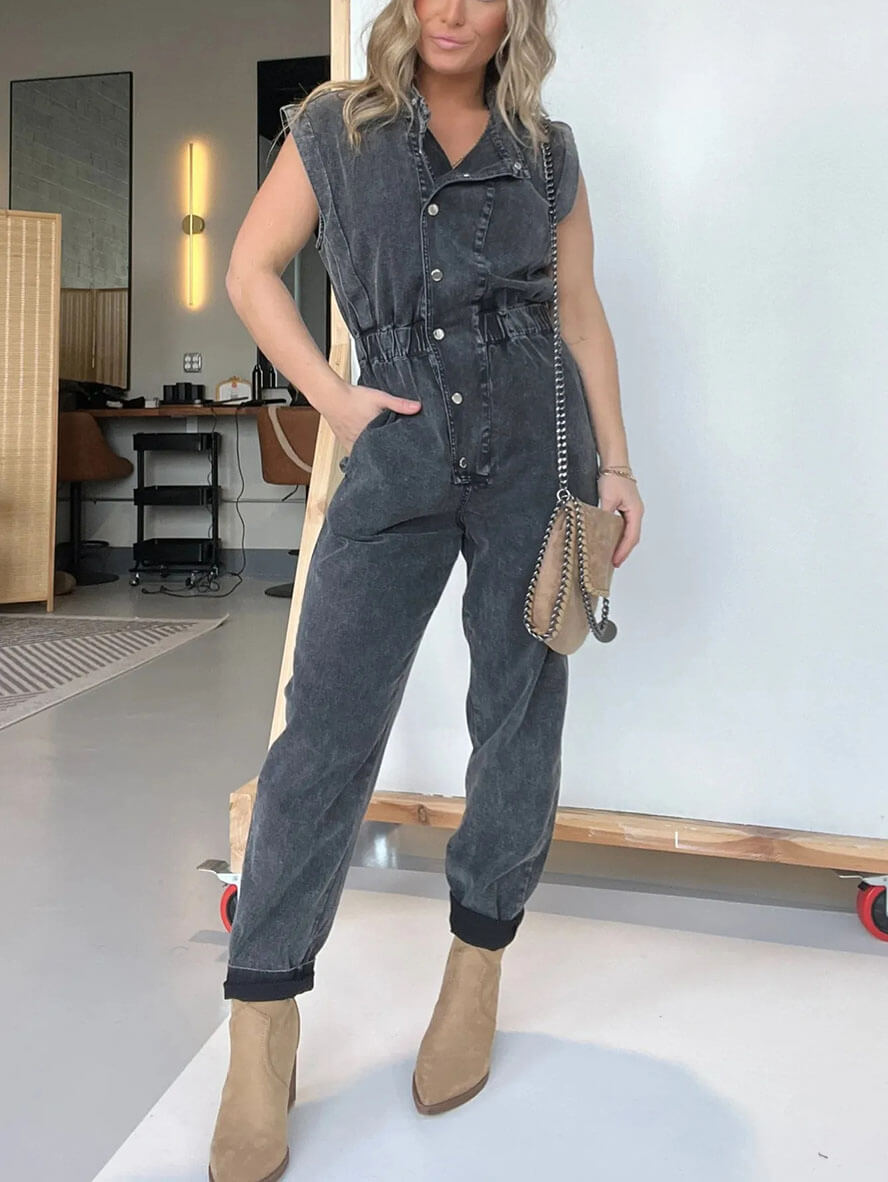 Inrosy combinaisons en jean boutonnage col revers sans manches droit femme casual mode décontracté