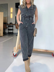 Inrosy combinaisons en jean boutonnage col revers sans manches droit femme casual mode décontracté