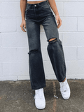 Inrosy jeans droit déchiré troué boutons poches fermeture éclair taille haute femme casual mode décontracté