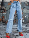 Inrosy jeans droit déchiré troué boutons poches fermeture éclair taille haute femme casual mode décontracté