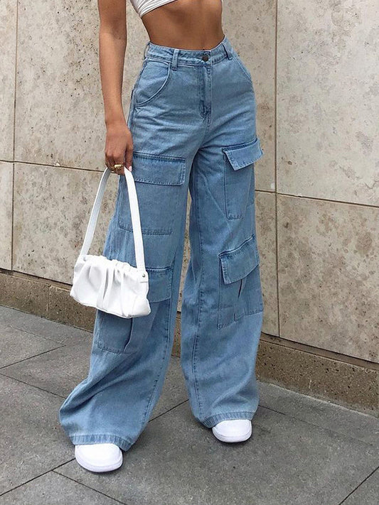 Inrosy jeans larges jambes évasé poches fermeture éclair mi taille femme mode pantalons