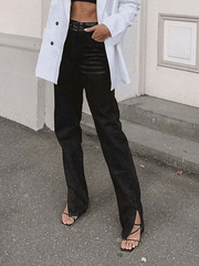 Inrosy jeans droit jean fendu boutons poches fermeture éclair taille haute femme style boyfriend mode