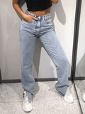 Inrosy jeans droit jean fendu boutons poches fermeture éclair taille haute femme style boyfriend mode