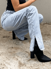 Inrosy jeans droit jean fendu boutons poches fermeture éclair taille haute femme style boyfriend mode