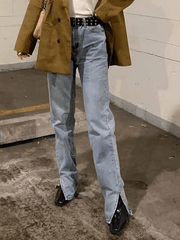 Inrosy jeans droit jean fendu boutons poches fermeture éclair taille haute femme style boyfriend mode