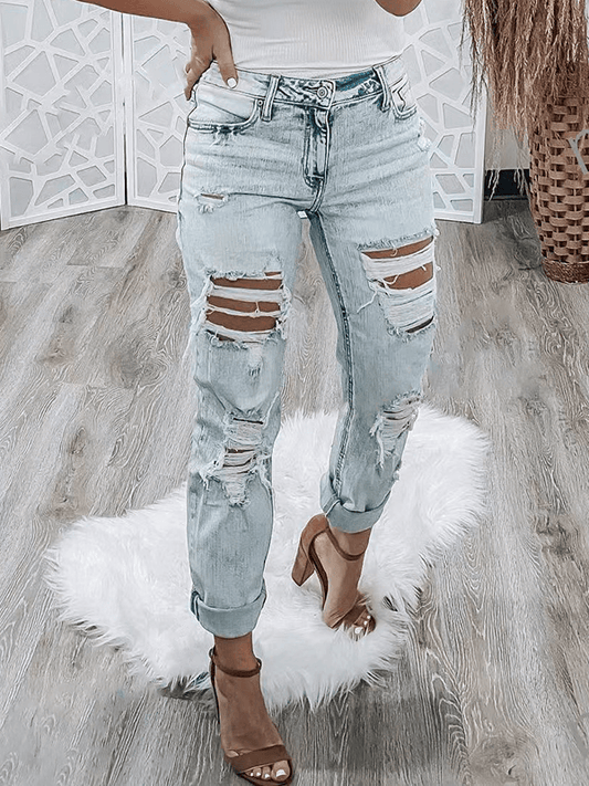 Inrosy longue pantalon en jeans carotte slim fitness déchiré troué boutons poches femme mode décontracté