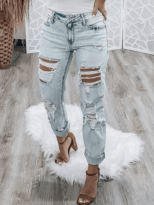 Inrosy longue pantalon en jeans carotte slim fitness déchiré troué boutons poches femme mode décontracté