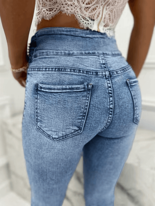 Inrosy pantalon en jeans slim fitness boutonnage poches pearl fermeture éclair taille haute femme casual mode